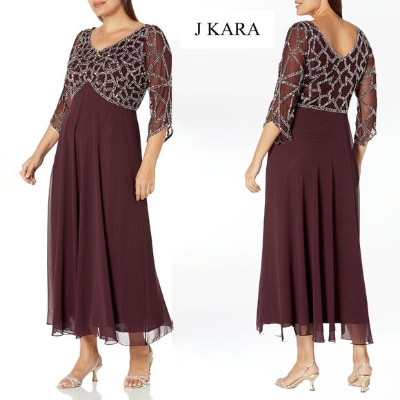 J KARA Geometrically Beaded Chiffon Overlay Gown with 3/4 Sleeves - Picture 1 of 7